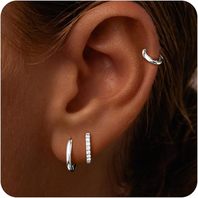 Poxtex Small Sterling Silver Huggie Hoop Earrings Set for Women, Hypoallergenic 14K Gold Plated Hoops Stacks for Multiple Piercings, Dainty Cute Mini Lightweight Cartilage Studs Trendy Jewelry Gift - Image 1